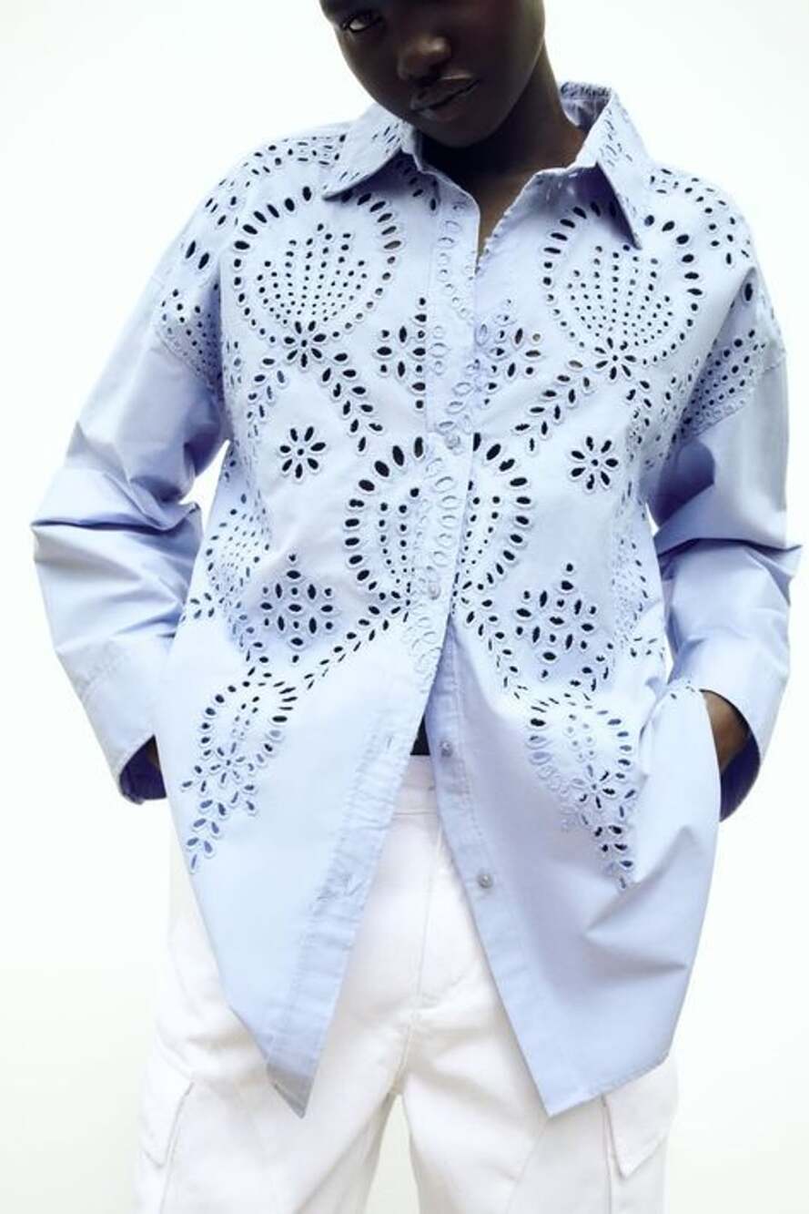 Zara Embroidered Poplin Shirt Size M Blue Laser Cut Blouse